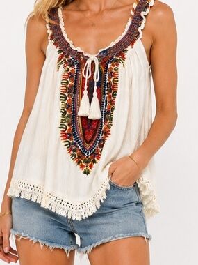World Market Ivory Boho Embroidered Camisole with Multicolor Trim